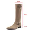 Boots Aucegi Arrivée Chunky Talon Knee High Small Square Toe Flock Femme Femme Automne Boucle d'hiver Slip sur piste Party Shoes Lady