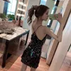 Feestjurken 2024 Zomer Koreaanse dames kleine sexy pailletten kruisen mooie rug open suspender jurk trend