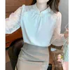 Blouses feminina Retro Vintage Button Button Lace Splicing Sation Siation Chiffon Blouse Eleggant Pink White Shirt Autumn Spring Tops