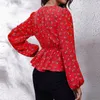 Kvinnors blusar kläder 2024 Autumn Polka Dot Printed Pullover Tops Fashion Ice Silk Wrinkle Long Sleeped V-Neck Chiffon T-shirt