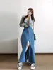 Rokken denim zomer lange split rok vrouwen hoge taille mode casual losse ruche geplooide dames Koreaanse stijl vrouw