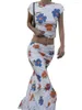 Skirts Women Summer Outfits Flower Print Short Sleeve Backless T-Shirts Tops Slit Long Skirt 2 Pieces Clothes Set