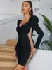 Lässige Kleider sexy Frauen schwarzer Spitze Patch Verbandskleid Langarm Perspektive Tüll Design Bodycon Mini Abend Club Party Vestidos