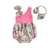 Rompers sommar baby flicka sweety outfits blommig en axel romper stretch pannband söta lapptäcke bodysuits playsuits kläder