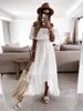 Lässige Kleider Sommer weißes Kleid für Frauen 2024 Spitze Böhmen Kurzarm hoher Taille V-Ausschnitt Lange Rüschen Maxi