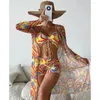 Damskie stroje kąpielowe 3 sztuki Bikini Ustaw pokrywkę stroju kąpielowego Kobiet Kobiety w bikini wysokiej talii długie rękaw 2024 Pływanie plażowe kostium kąpielowy Kimono