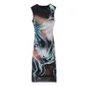 Wholesale Autumn Style Womens Round Neck Sleeveless Printed Silk Mesh Dress 1023