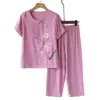 Pantalon de deux pièces pour femmes Pyjama Set Grand-mère Sleepingwear Elegant Med-Aged with Flower Print Short Sleeve Top Wide for Mother