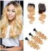 T 1B 27 donkere wortelhoning blonde lichaamsgolf Ombre menselijk haar weefsel 3 bundels met kanten sluiting Braziliaanse maagdelijke haarextensions1258737