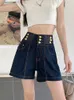 Frauen Jeans Ftlzz Sommer Casual Lady Empire Slim Button Denim Shorts Vintage Women A-Line Wide Bein High Street