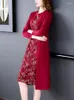 Robes décontractées Femmes Red Patchwork Robe midi florale automne hiver coréen élégant en liberté 2024 Fashion Chic Party Vestidos