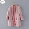 Suisseaux de femmes 2024 Été automne élégant Femmes de travail Blazer Pink Three Quarter Sleeve Fit Minimalist Office Dames