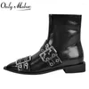 Dress Shoes OnlyMakerWomen Black Patent Leather Pointed Teen Lace-Up Kitten Low Heel Booties Plus Size mode Side Zip Boots