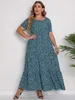 Basic Casual Dresses Plus Size Womens Ditsy Print Short Slve Round Neck Maxi Smocked Casual Dress Y240429