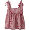 Kvinnors tankar Original Design Retro Rose Print Loose Sets-up Sling Topps Summer Sweet Age Reducerande Bow Puffy Small Camisole Vests