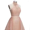 Abiti da festa Fatapaese Posca Pink Lace A-Line Prom Halter Neck Long Sheer Back Evening Vestitido de Festa