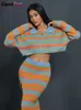 Weird Puss Sweater Knit 2 Piece Set Women Striped Autumn Casual Zipper Corp TopsIrregular Maxi Skirts Streetwear Matching Suits 240426