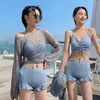Women's Swimwear Korean Nude Bikini Ladies 3pcs Swimsuit Sexy Cover Belly Split Three Piece Long Sleeve 2024 Fairy Model