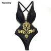Swimwear pour femmes Vigoashely sexy imprimé noir imprimement femme vintage One Piece Swimsuit Femme 2024 Bandage Monokini Deep V Fissure de bain
