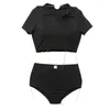 Costumi da bagno femminile in alto in vita in alto due pezzi push up costume da bagno per donne 2024 solido bikini coreano set v collo a maniche corte a manica corta bagnatura sexy