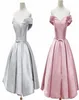 Sliver Pink Short Homecoming Dresses Cheap 2021 Off shoulder With Short Sleeves A line Satin Cheap Prom Graduation Dress Gowns2612625