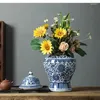 Vasen Vintage Blue White Ceramic Topf Lagerglas mit Abdeckung moderne getrocknete Blumen Vase Home Dekoration Arrangement Accessoires