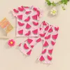Clothing Sets Summer Toddler Baby Girl Floral/Watermelon Print Clothes Suit Kids Short Sleeve T-Shirt Elastic Flare Pants 2pcs