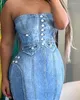 Casual Dresses For Women 2024 Summer Fashion Sleeveless Bodycon Daily Mid-Calf Dress Look Print Bandeau Denim