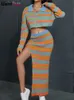 Weird Puss Sweater Knit 2 Piece Set Women Striped Autumn Casual Zipper Corp TopsIrregular Maxi Skirts Streetwear Matching Suits 240426
