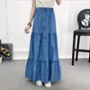 Signe, lunghezza di 90 cm Denim Womens 2024 Elastico elastico Pulsante ad alta vita Shirring Patchwork Ruffle Long Maxi Skirt Beh Jeans Falda