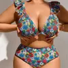 Ruffles de roupas de banho feminina impressão de roupas de banho plus size mulheres de duas peças push up swimshwearwear sexy de profundidade de tira de tira de tira 4xl