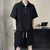 Herrspårsfall Athletic Wear Casual Outfit Set Dragkedja Halva Packet T-shirt Drawstring Wide Ben Shorts i fast färg våffla texturis