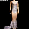 Casual Dresses Women Silver Rhinestones Sleeveless Trailing Long Dress Fashion Stretch Slim Fishtail Birthday Party Evening Stage Costume