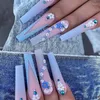 Nail Art Decorations 24 stks roze blauwe gradiënt camellia valse nagels lange kist tips afneembare pers op manicure glitter