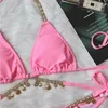 Damskie stroje kąpielowe różowy seksowny strój kąpielowy bikini z kryształkami żeńskie kobiety push un bikini plaża pływanie kostiury kąpielowe base basher 2024