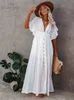 Sexy Deep V-colb Butterfly Sleeve Self-belted High Taist Button Front Open Summer Femmes Blancs de plage Robes maxi Q1208 240424