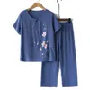 Pantalon de deux pièces pour femmes Pyjama Set Grand-mère Sleepingwear Elegant Med-Aged with Flower Print Short Sleeve Top Wide for Mother