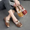 Casual Shoes Weave äkta läder bekväma mockasiner Retro Cow Suede Soft Soled Flats Loafers Round Toe Summer Lace Up Women