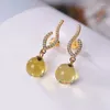 Stud Earrings 925 Sterling Silver Gold Plated Natural Mexican Blue Amber Fashion Personality Round Beads Women's Eardrops