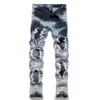 Men's Jeans Men Release Hem Slim Tapered Gray Black Stretch Denim Pants Embroidery Fringe Patch Ripped Tie Dye Trousers