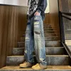 Spring Mens American w trudnej sytuacji Patchwork Lose proste jeansy Retro High Street Street Streggar Style Pants 240419