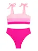 Dames badmode sexy stropdas schouder hoge taille bikini's stelt twee stukken roze zwempak vrouwen gevulde bandeau Braziliaanse biquini strandkleding