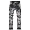 Men's Jeans Men Release Hem Slim Tapered Gray Black Stretch Denim Pants Embroidery Fringe Patch Ripped Tie Dye Trousers