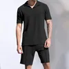 Tracksuits voor heren Solid Color Men Summer Suit Casual Outfit Set met V-Neck T-Shirt Wide Leg Shorts Elastische taille Drawtring Wafel