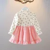 Girl Dresses Girl Girl Stamping Splicing Abito di velluto a coste Spring baby a maniche lunghe arruffato dolce principessa