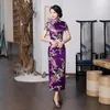 Etnische kleding sexy paarse vrouwen satijnen dagelijkse casual jurk zomer lange qipao print bloem chinees cheongsam maat s m l xl xxl 3xl 0162