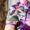 Etnische kleding sexy paarse vrouwen satijnen dagelijkse casual jurk zomer lange qipao print bloem chinees cheongsam maat s m l xl xxl 3xl 0162