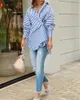 Ladies Loose Striped Shirts Autumn Chic Cotton Asymmetric Buttons Blouse Female Tops Casual Lapel Women 240426