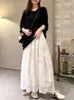 Kjolar midi länge för kvinnor vår sommar koreansk mode elastisk hög midja a-line broderad blommig spets kjol vit svart