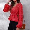 Kvinnors blusar kläder 2024 Autumn Polka Dot Printed Pullover Tops Fashion Ice Silk Wrinkle Long Sleeped V-Neck Chiffon T-shirt